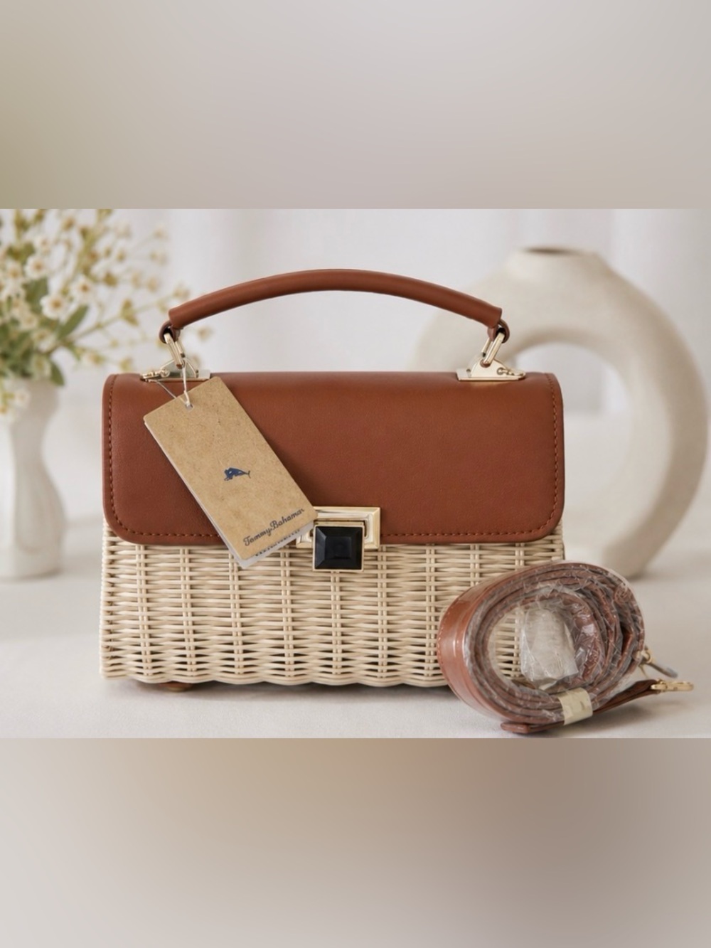 Tommy Bahama Natural Woven Rattan Leather Top Handle Satchel Crossbody Bag Tan - Picture 6 of 16